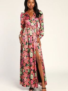 Lulus In the Groove Black Multi Floral Wrap Maxi Dress Size L